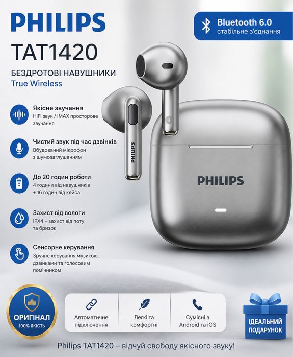 Бездротові навушники Philips TAT1420 Bluetooth 6.0 | До 20 годин роботи |