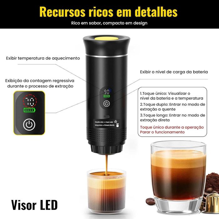 Máquina De Café Portátil 3 Em 1, com Visor Digital compatível com Cápsulas E Pó NOVA