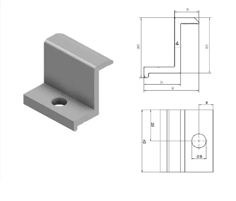 Притиск алюмінієвий крайній для сонячних панелей 35мм, товщина 4мм