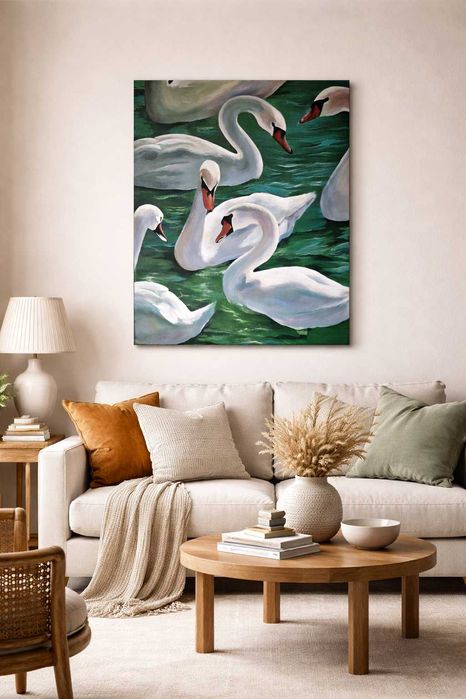 Białe łabędzie, duży obraz do salonu, ręcznie malowany 60x80cm