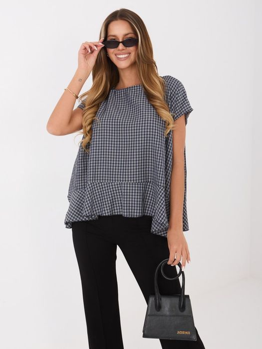 Granatowa Bluzka Damska Kratka Oversize Letnia Falbana Casual Italy Moda