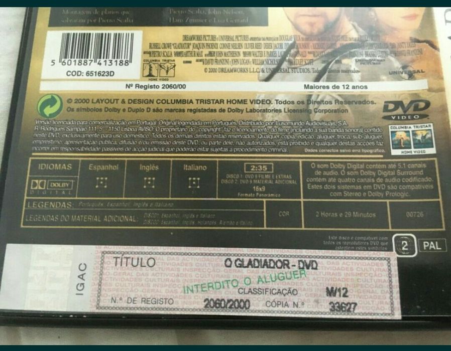 Gladiador Filme Edição Especial 2 Discos de 9 GB - Dolby Digital 5.1 - Ridley Scott (Portes CTT GRÁTIS)