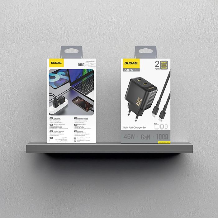 Ładowarka sieciowa Dudao A28PCEU PD 45W GaN 2xUSB-C z kablem USB-C - czarna