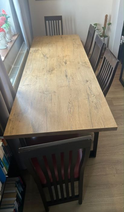 Duży stół industrialny 220×76 cm blat dębowy laminat i metalowe nogi Loft