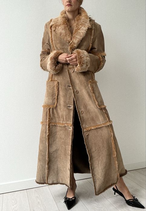 Kożuch naturalny maxi vintage glamour retro zimowy jesienny ciepły