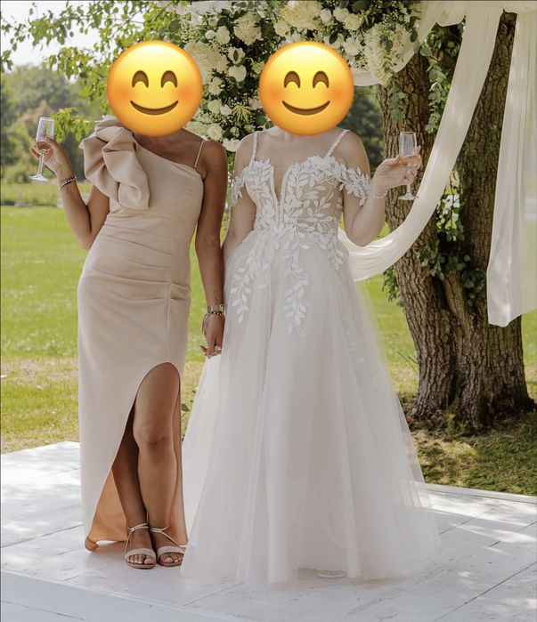 Suknia ślubna boho - tiul, listki, rękawki