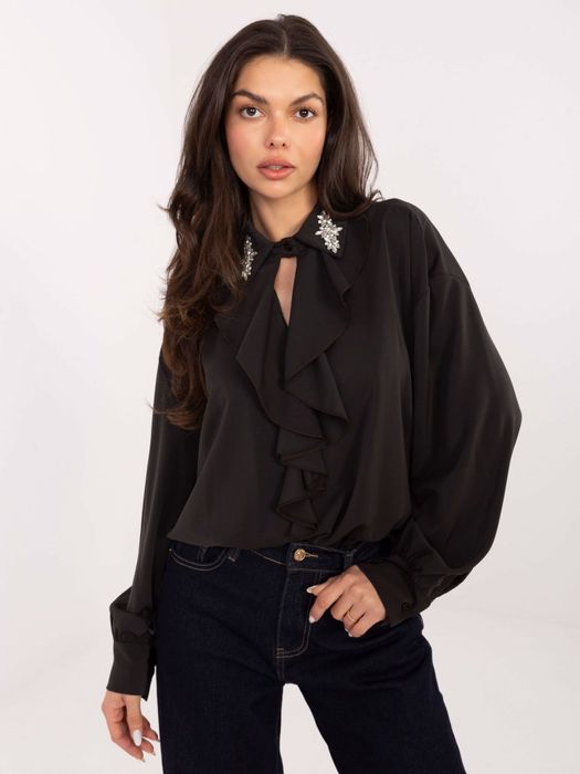 Bluzka elegancka czekoladowa z żabotem i ozdobnym kołnierzem