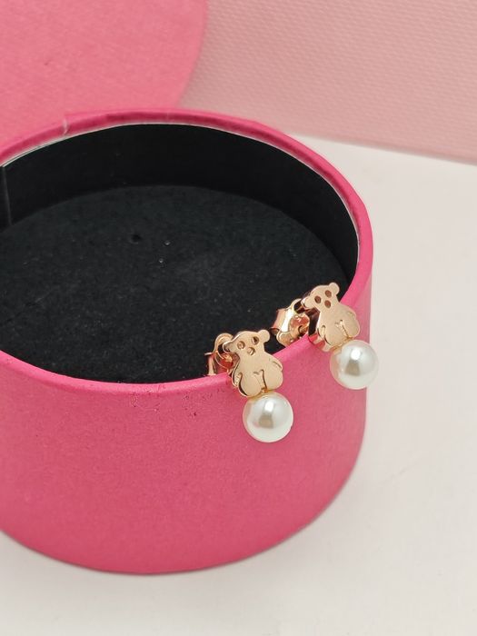 Kolczyki z misiem różowe srebro vermeil 925 z perłą