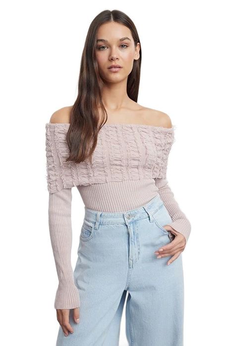 Trendyol sweter damski z falbaną i odkrytymi ramionami różowy s 5ea