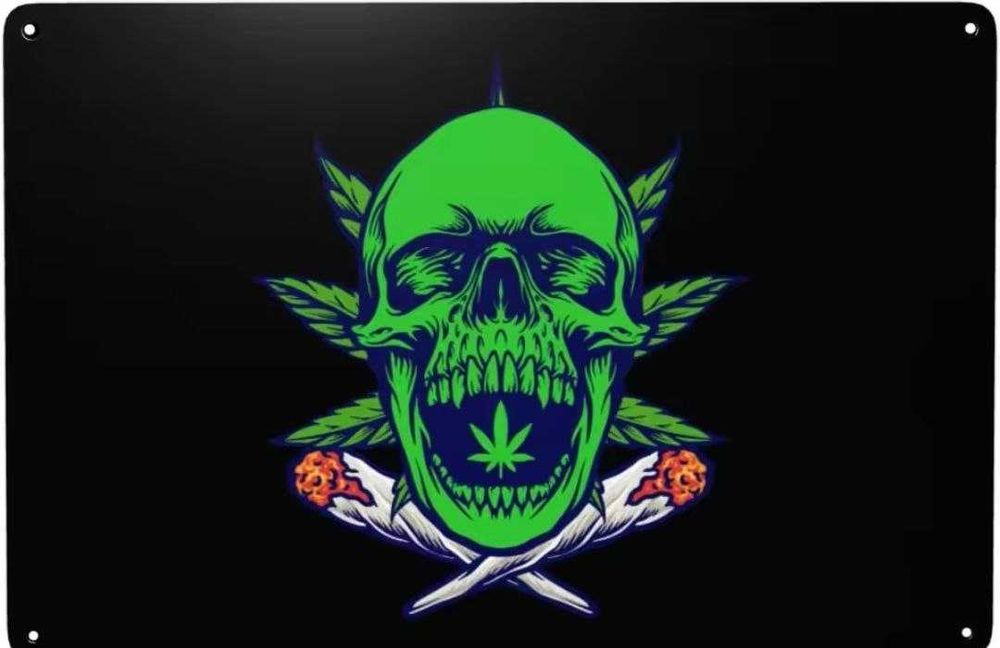 Металлическая винтажная табличка Череп в стиле "Каннабис" (14х20 см)