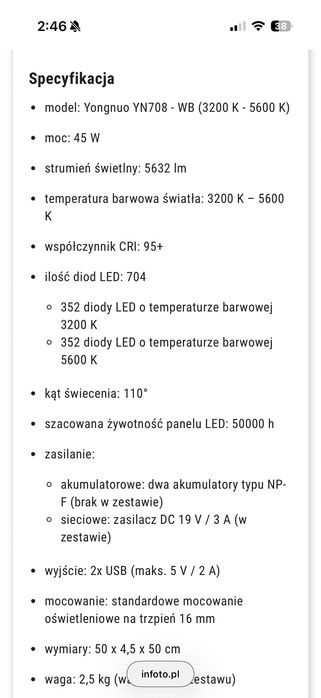 Yongnuo YN708 - lampa diodowa LED pierścieniowa, 45W