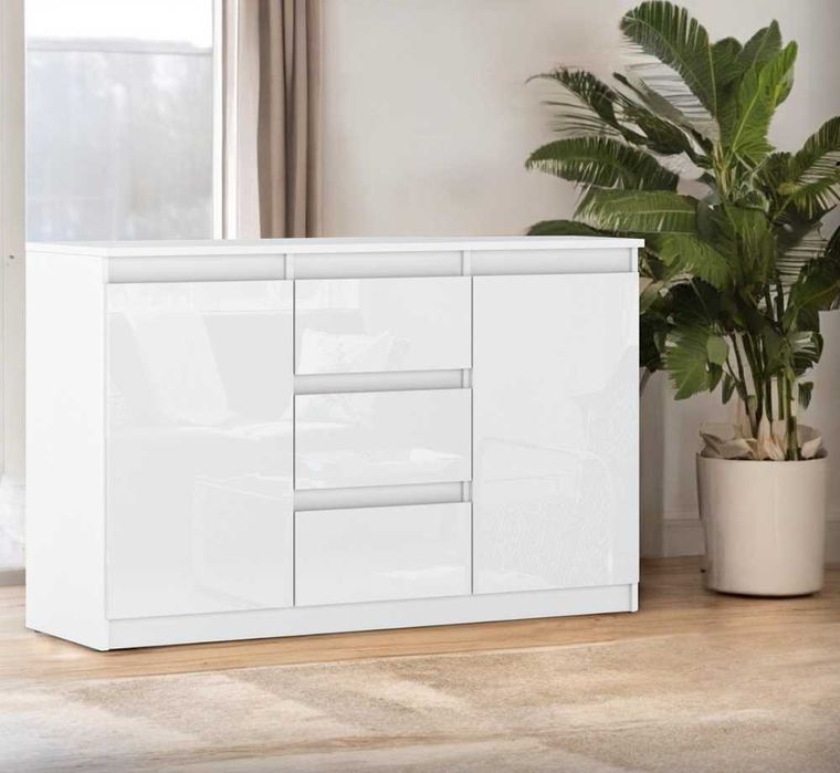 Komoda Agnes 120cm Nowoczesna z 3 Szufladami Biały Połysk Do Sypialni