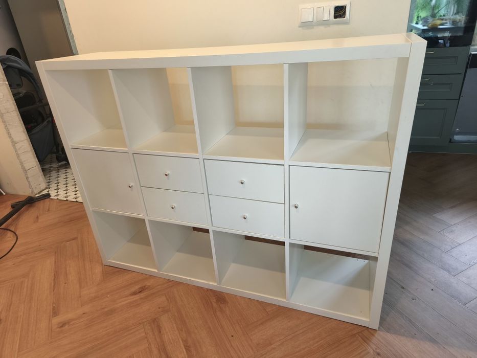 Regał IKEA KALLAX 3x4 biały + 4 wkłady (szuflady i drzwiczki) STAN BDB