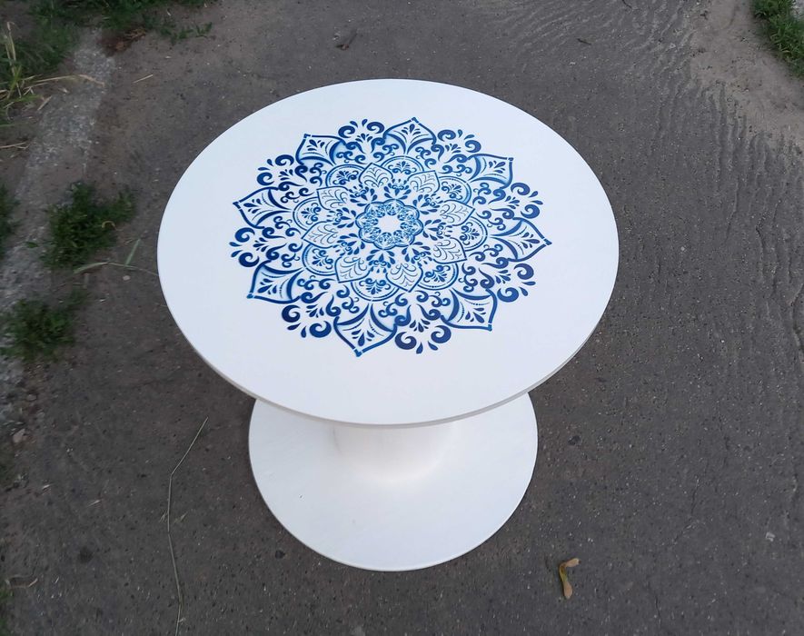 Oryginalny stolik ze szpuli drewnianej mandala śr.40 wys.39,5cm RĘKODZIEŁO