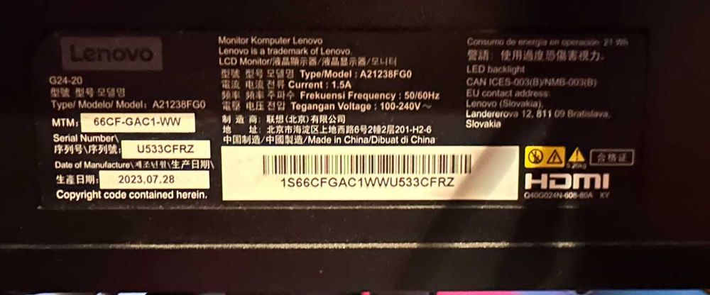 Продам монітор Lenovo G24-20, 24 дюйма, Full HD