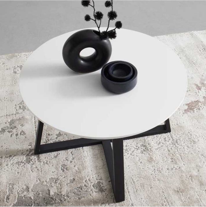 Stolik kawowy 70 cm – biały blat + czarna podstawa, nowoczesny,OKRĄGŁY
