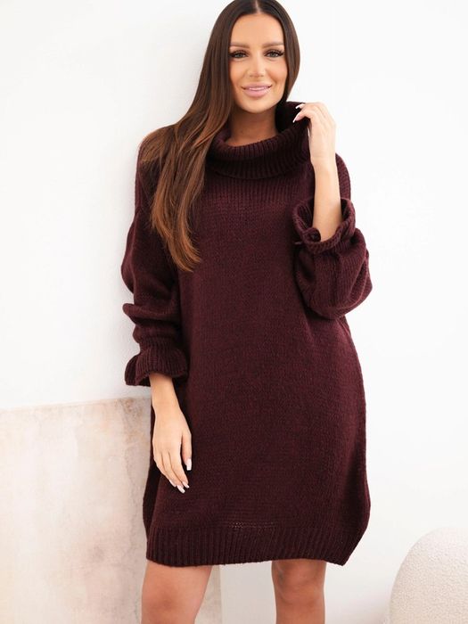 Sweter damski długi bordowy golf luźny z wełną i wiskozą S M L
