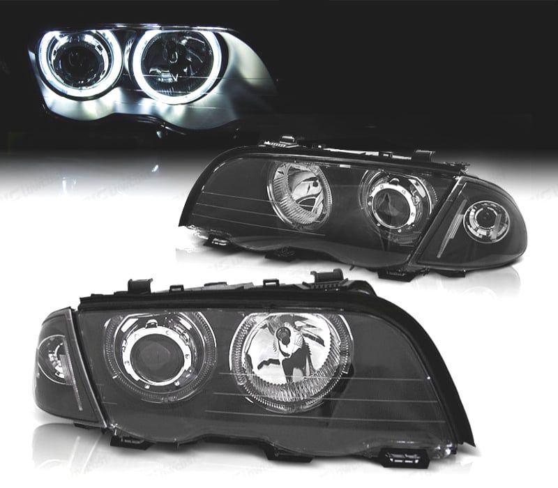 FARÓIS BMW E46 BERLINA TOURING 98-01 ANGEL EYES CCFL PRETO H7 H7