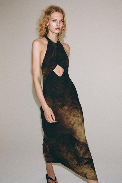 Сукня Zara максі з принтом і коміром хальтер
