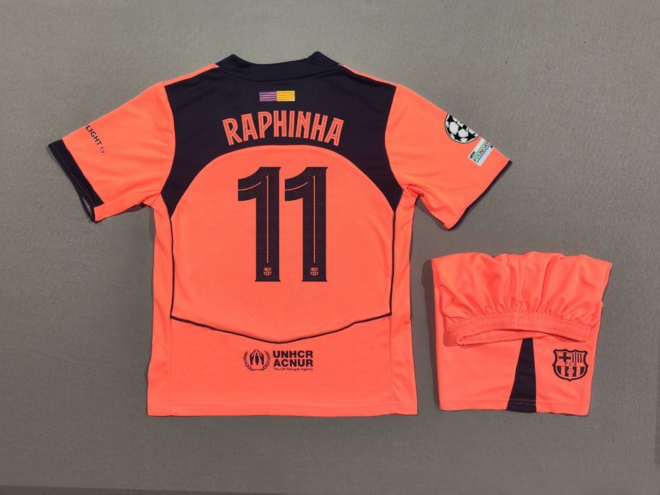 Komplet Strój Zestaw dziecięcy FC Barcelona 25/26 trzeci  RAPHINHA 11 rozmiar 28 Champions League wysyłka z polski 24h Liga Mistrzów trzecia koszulka