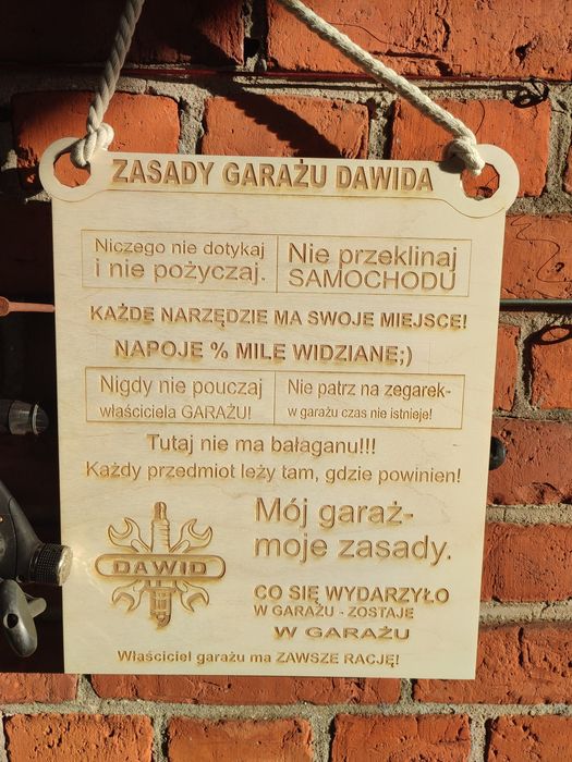 Zasady garażu/ warsztatu , duża tablica personalizowana
