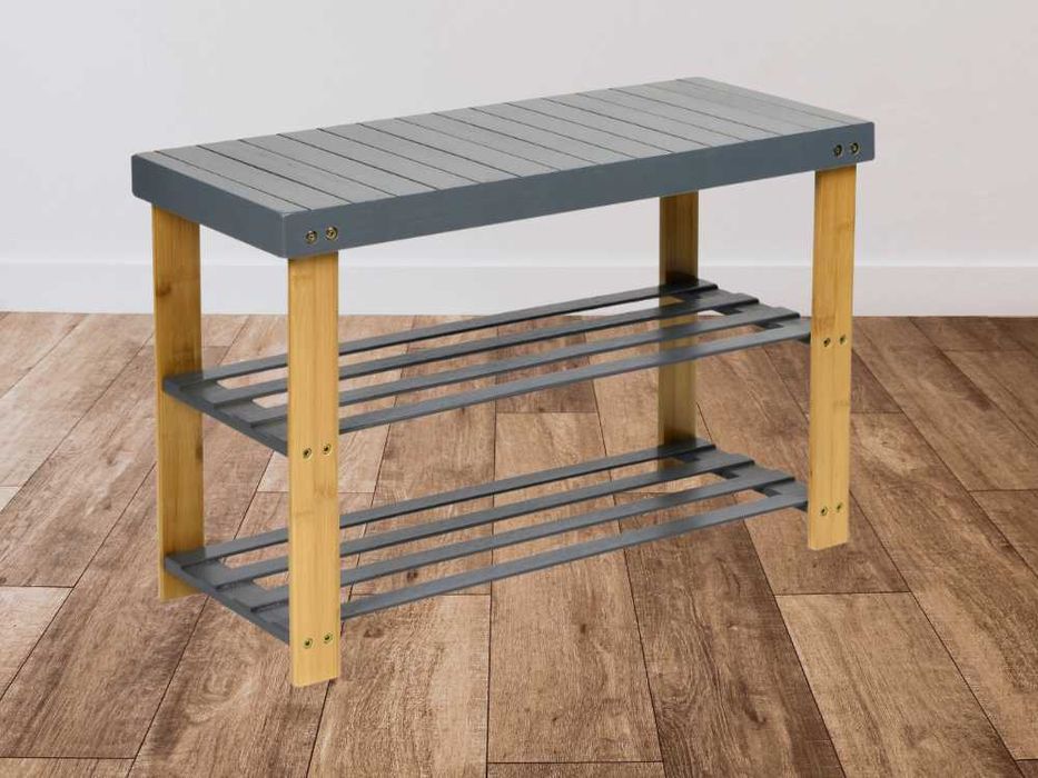 Szafka na Buty Naturalny Bambus Dwie Półki Siedzisko Szary Połysk