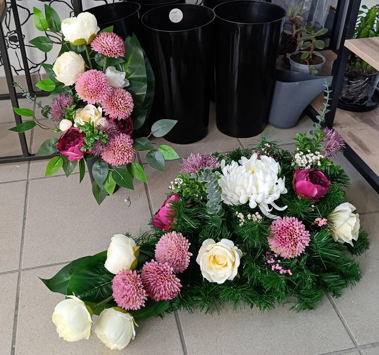 Komplet wiązanka stroik sztuczne kwiaty kompozycja na grób cmentarz