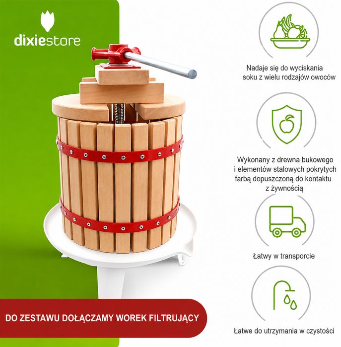 Prasa do owoców 18L wyciskarka do soku drewniana + worek filtracyjny gratis
