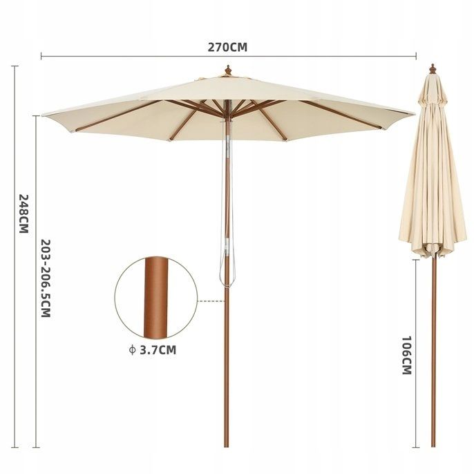 Parasol Ogrodowy 270cm Balkon Taras Drewniany Regulowany Beżowy
