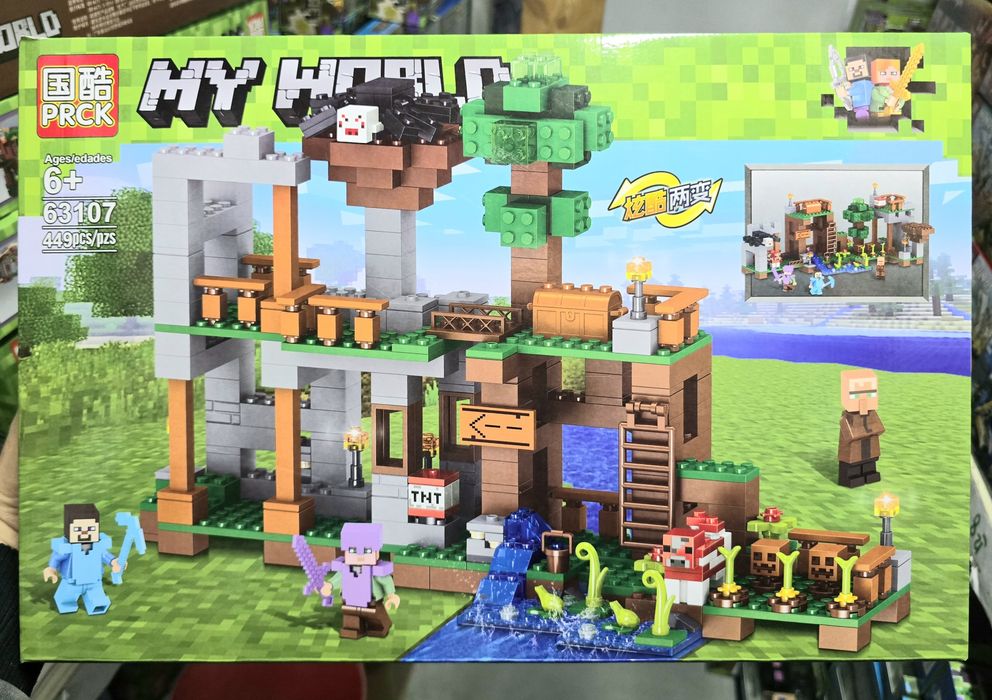 Nowe klocki Minecraft Leśna kryjówka pająka z zagrodą i wodospadem kompatybilne z Lego klocki Minecraft zagroda las wodospad