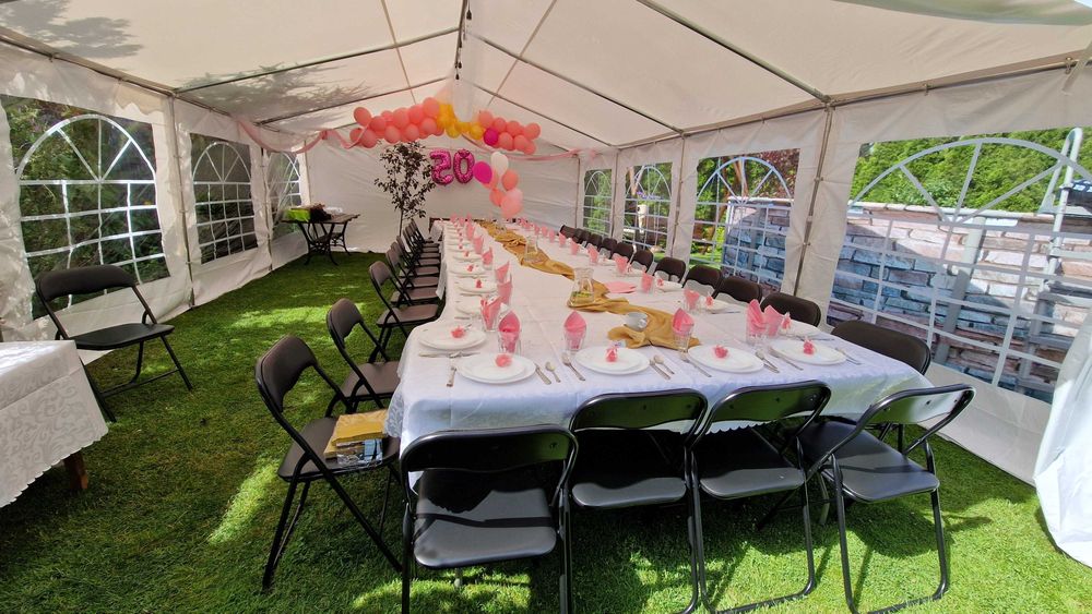 Namiot imprezowy cateringowy stoły,krzesła,zastawa,komunia,urodziny.