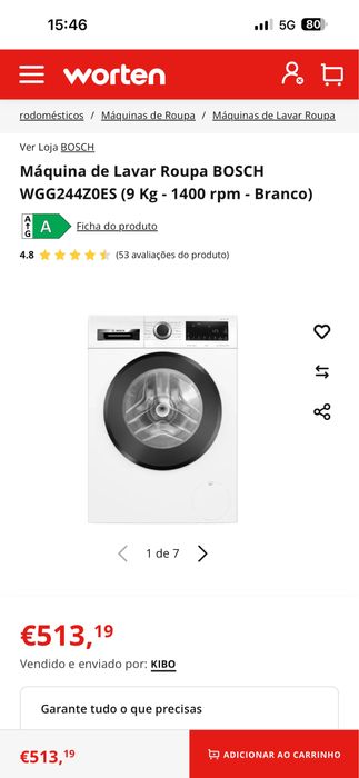 Máquina de Lavar Roupa BOSCH Serie 6 WGG244Z0ES (9 Kg - 1400 rpm