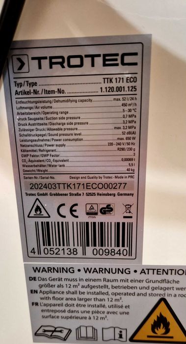 Оренда Електричний вологопоглинач Осушувач повітря TROTEC TTK 171 ECO