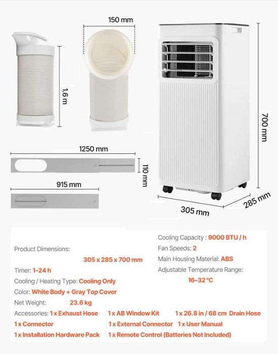 Ar condicionado portátil 9000 BTU, unidade de frio vertical 3 em 1 controlo remoto modos de frio/desumidificação/ventilador