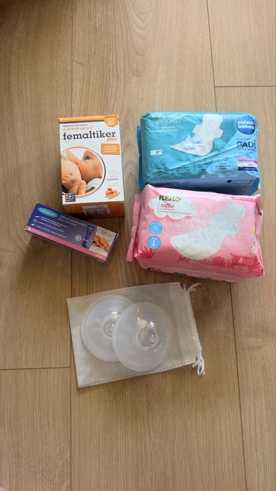 Zestaw poporodowy dla mamy, lanolina Lansinoh, muszle laktacyjne, femaltiker, podkłady