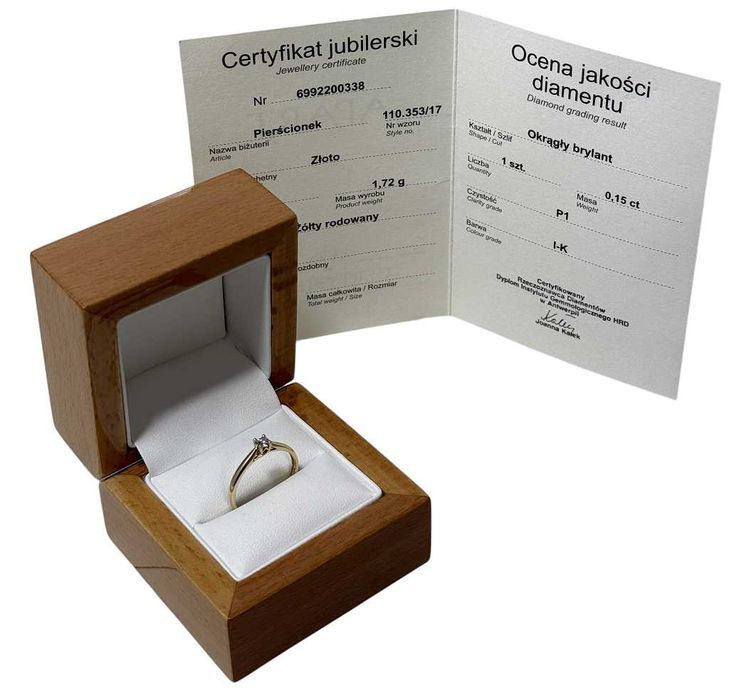 Wyjątkowy złoty pierścionek z brylantem 0,15ct 1,72g 585 r. 17 + certyfikat