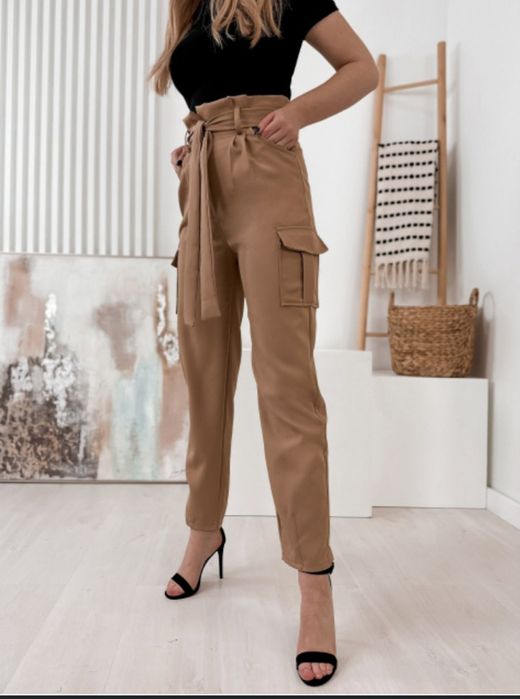 Karmelowe spodnie H&M z talią paper bag 36r