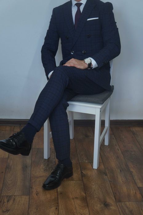 Jack&Jones Dwurzędowy Garnitur krata Rozmiar 46 Granatowy Elegancki Premium