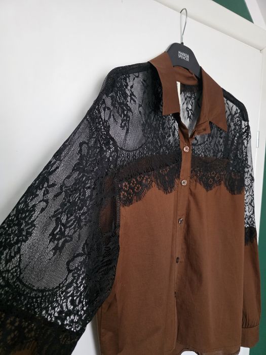 Włoska czekoladowa koszula z koronką oversize 44 46 48