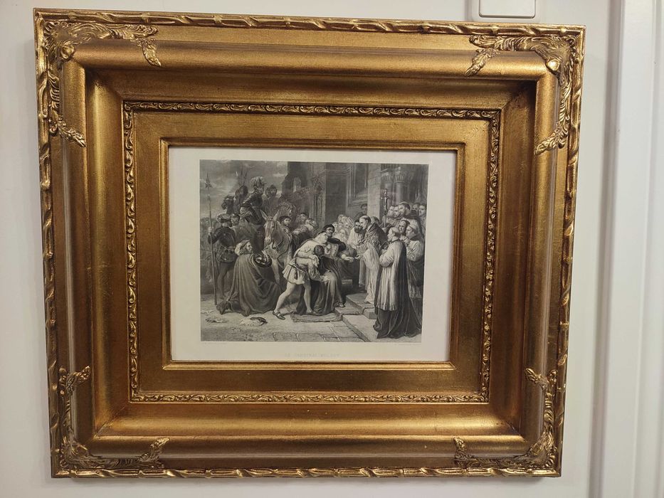 Quadro com moldura dourada e gravura preto e branco