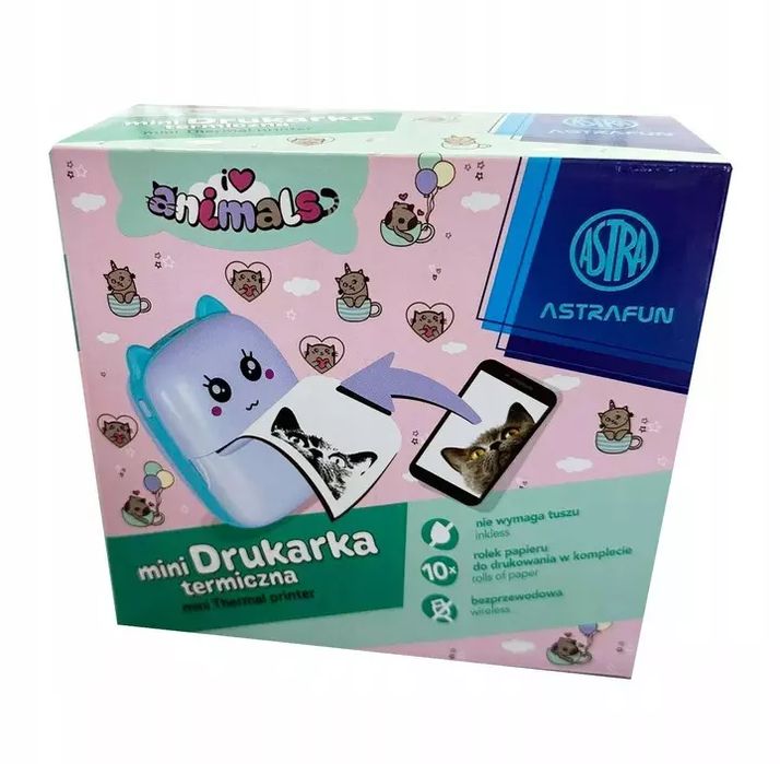 Drukarka termiczna Astrafun Animals box + 10 rolek białego papieru do drukowania. Astra. Nowy Produkt