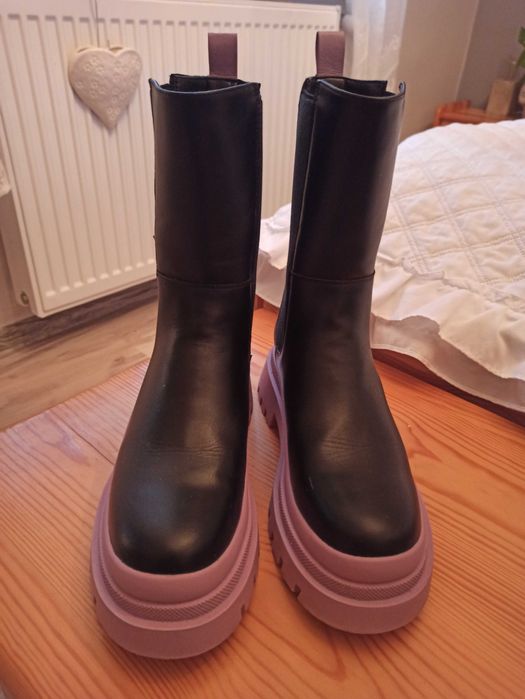 Buty botki jesień podeszwa fiolet kalosze czarne 38