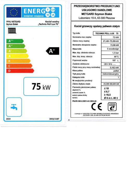 Kocioł Piec na pellet Technix Pell Lux 75kW 700m2 5KLASA