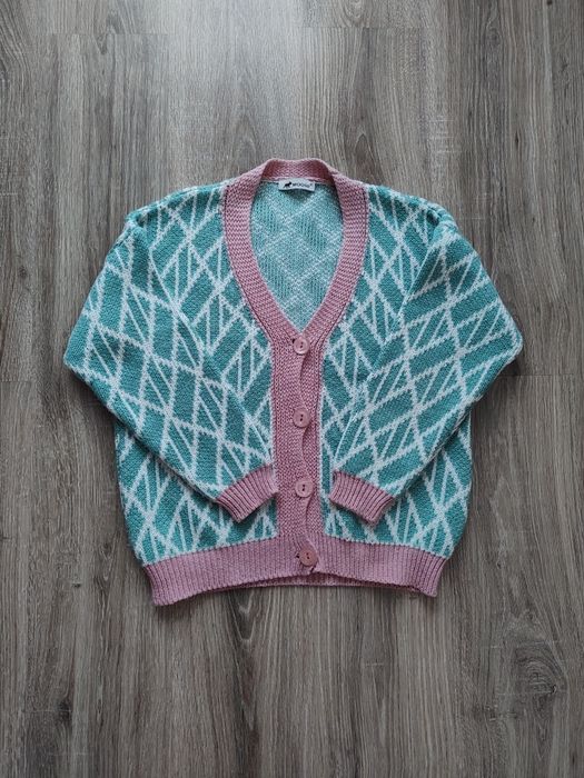 Miętowy sweter rozpinany damski kardigan geometryczny wzór  Moose M