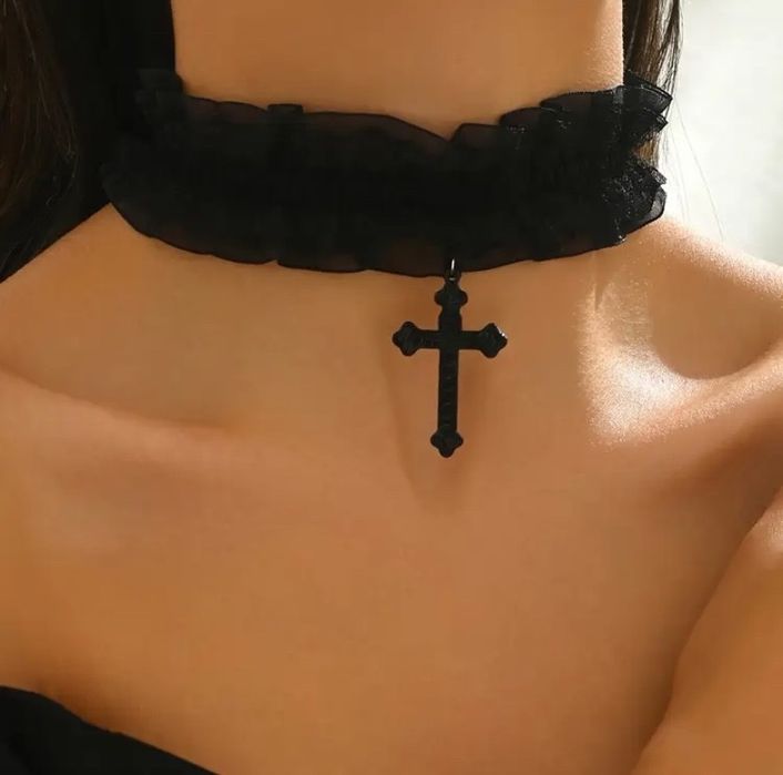 Новий мереживний чокер з хрестиком, чокер з хрестом, тканинний чокер