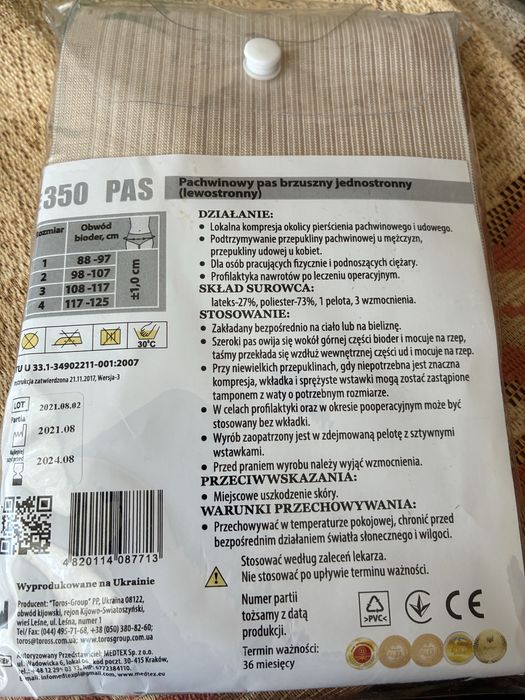Pas przepuklinowy pachwinowy brzuszny jednostronny rozmiar 3