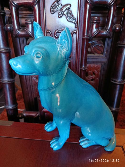 Cão Azul Turquesa Porcelana Chinesa Antiga 30 cm