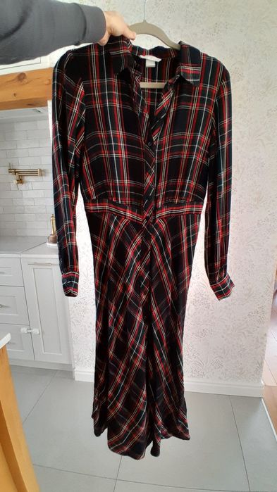 Sukienka MIDI w kratę z wiskozy koszulowa z długim rękawem h&m r.S
