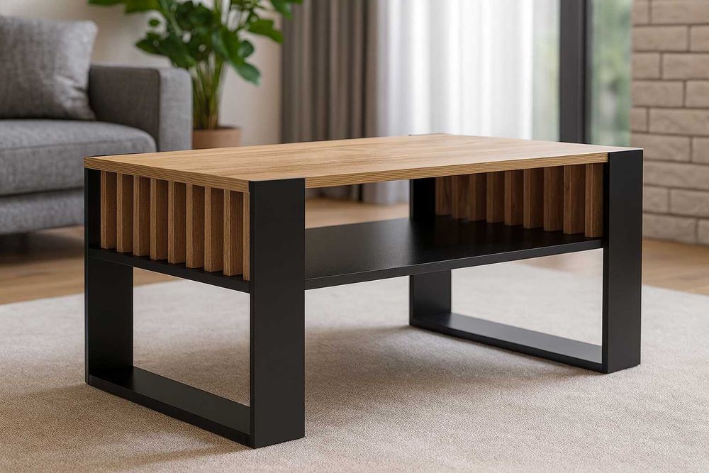 NOWY Stolik Kawowy Do Salonu Drewniany 92cm Ława Lamele z Półką Dąb