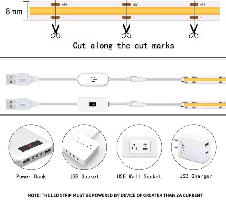 Taśma LED COB 5m zasilanie USB z włącznikiem